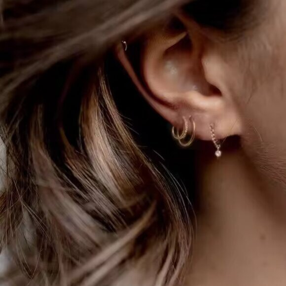 Gold Double Hoop Earring pave and Extra Loop Pretty Earrings Unique Earrings - Picture 5 of 12